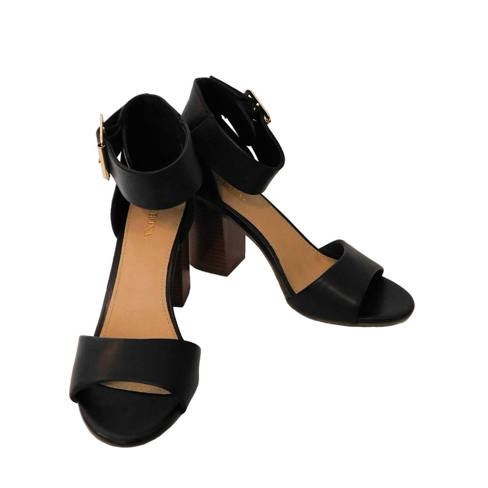 Merona  Sandals Womens 7 Black Wide Ankle Strap Gold Buckle Block Heels